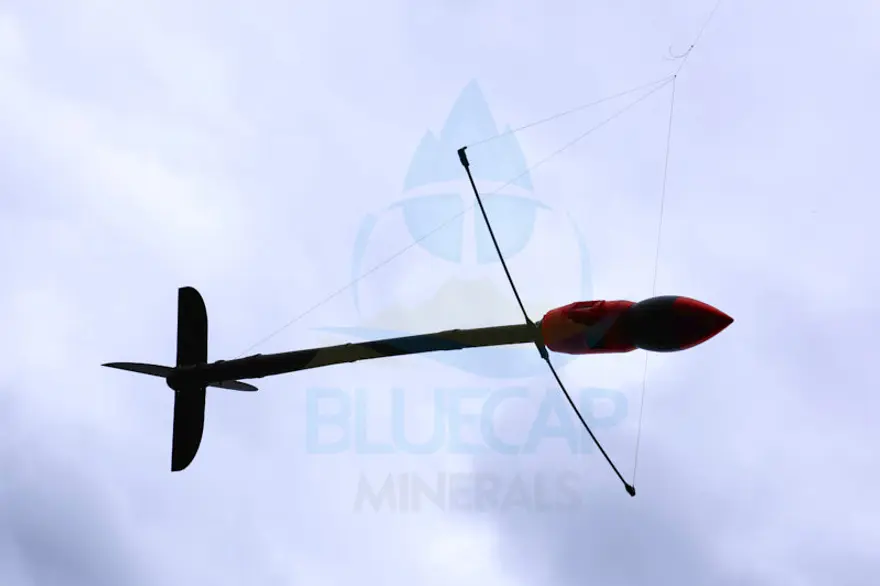 BlueCapBird® Light Gen2 quantum magnetometer bird in flight on the tow line