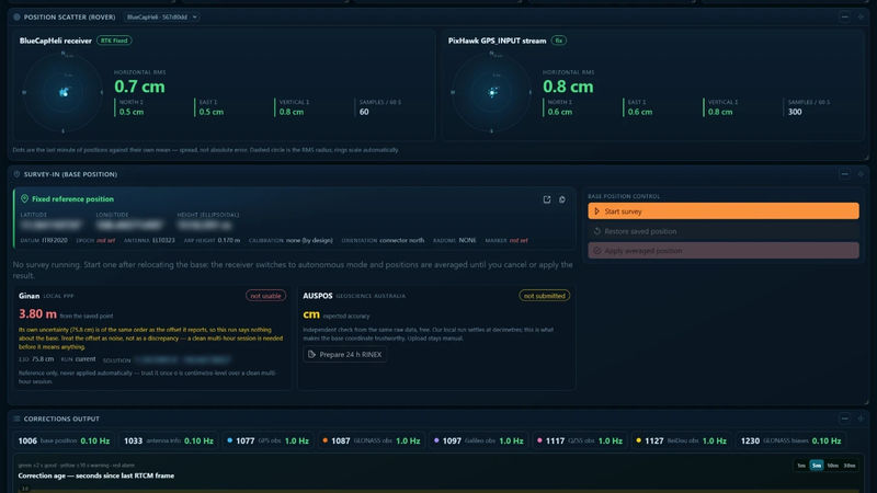 BlueCapRTK® control dashboard showing base and rover status in a fixed-reference session