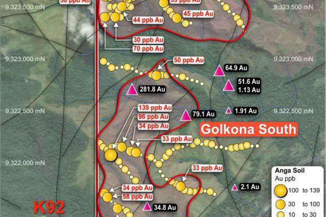Soil geochemistry map with gold anomalies and exploration targets outlined by a client exploration team