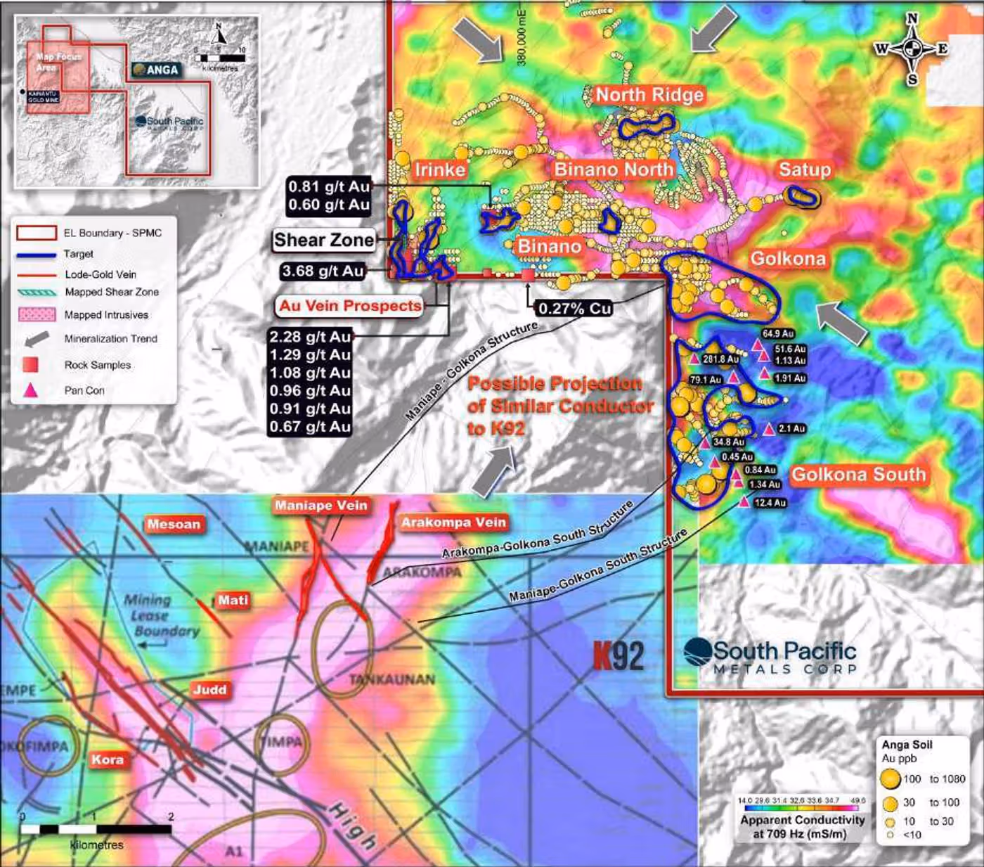 Exploration compilation combining surface geochemistry, apparent-conductivity geophysics, mapped structures and drill-defined gold vein prospects with assay grades