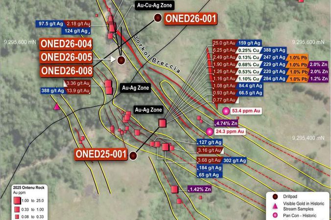Exploration planning map with drill pads, mapped structures and target zones defined from survey and sampling data