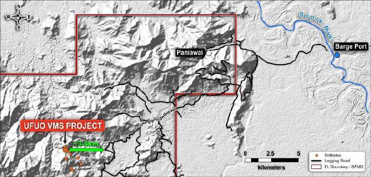 Regional access map showing steep terrain, a proposed road connection and barge-port access