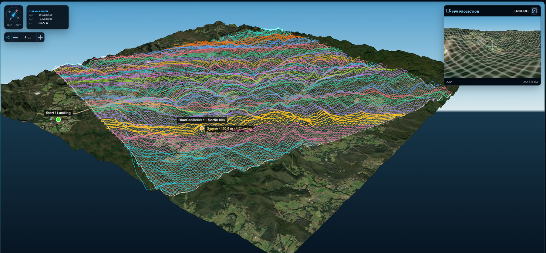 BlueCap Survey Portal 3D terrain view of an approximately 18 by 18 kilometre LiDAR mission with 180 metre line spacing and 100 metre sensor AGL