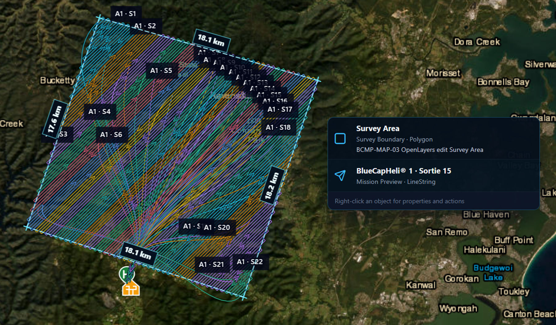 BlueCap Survey Portal 2D map of an approximately 18 by 18 kilometre single-pass LiDAR mission divided into sorties for one BlueCapHeli