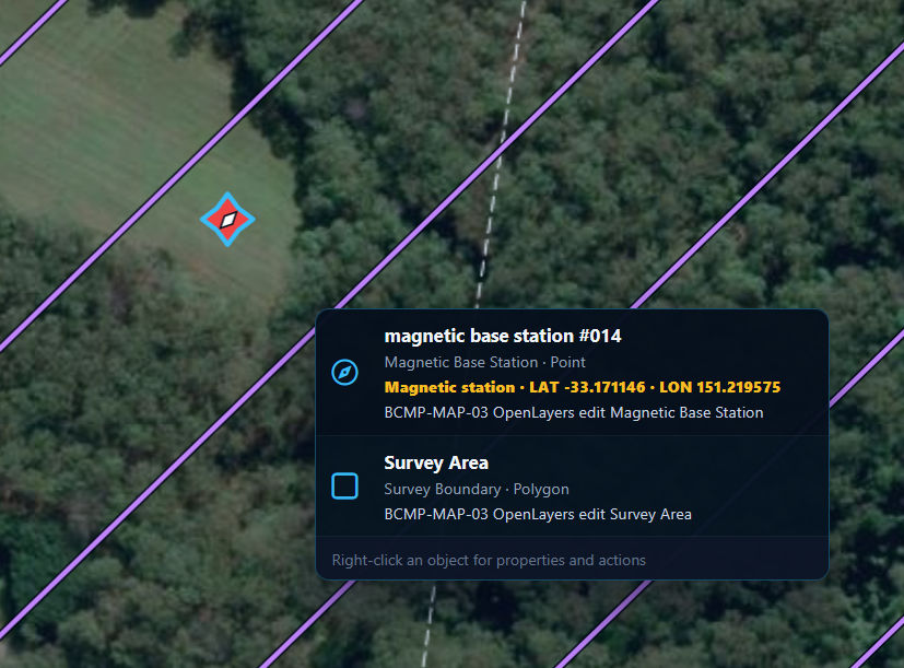 BlueCap Survey Portal planning map with an exact magnetic base-station point and coordinates between approved survey lines