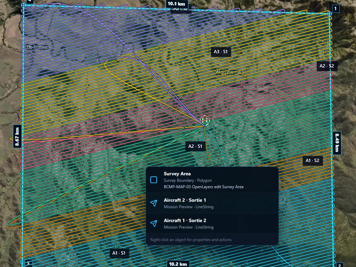 BlueCap Portal map showing a large survey polygon divided into coordinated routes for four aircraft sorties