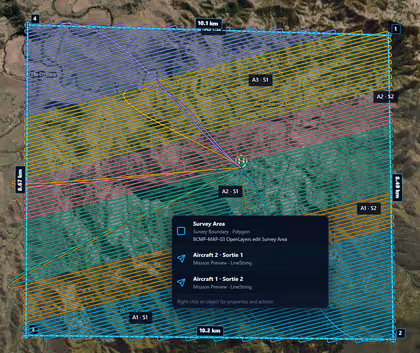 BlueCap Survey Portal multi-aircraft route plan over a survey polygon