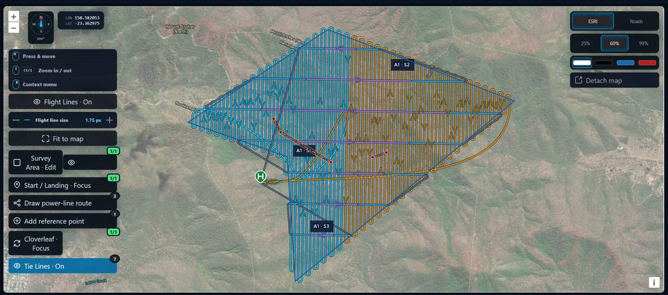 BlueCap Survey Portal mission plan showing survey lines and perpendicular tie lines with the start and landing point