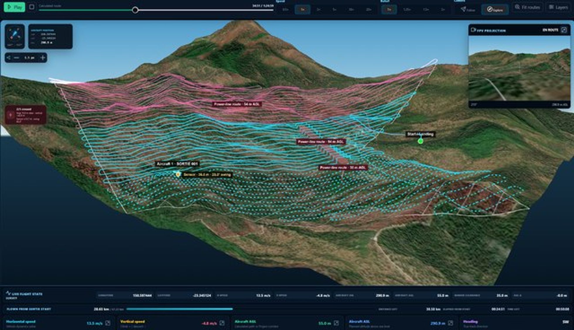 BlueCap Portal 3D terrain simulation showing calculated survey routes over mountainous terrain