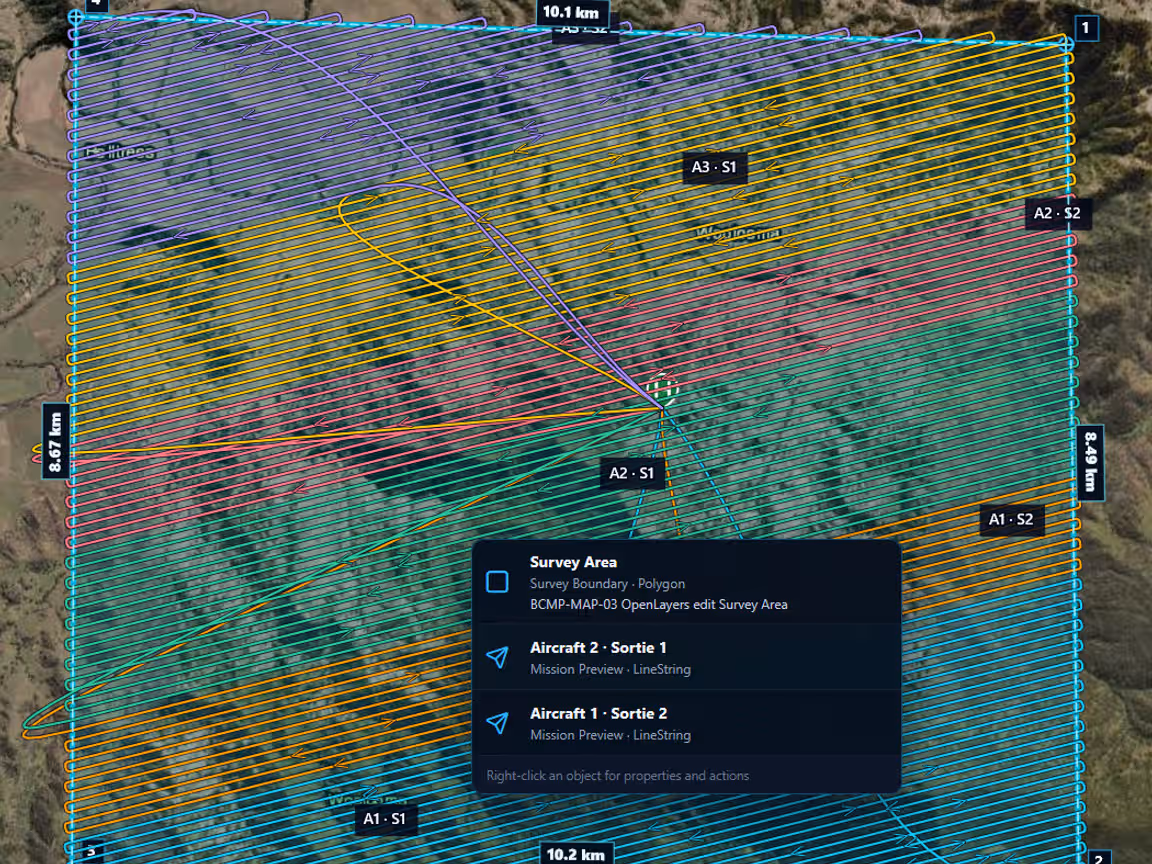 BlueCap Portal map showing a large survey polygon divided into coordinated routes for four aircraft sorties