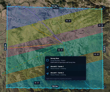 BlueCap Portal survey map divided into coordinated routes for four aircraft sorties