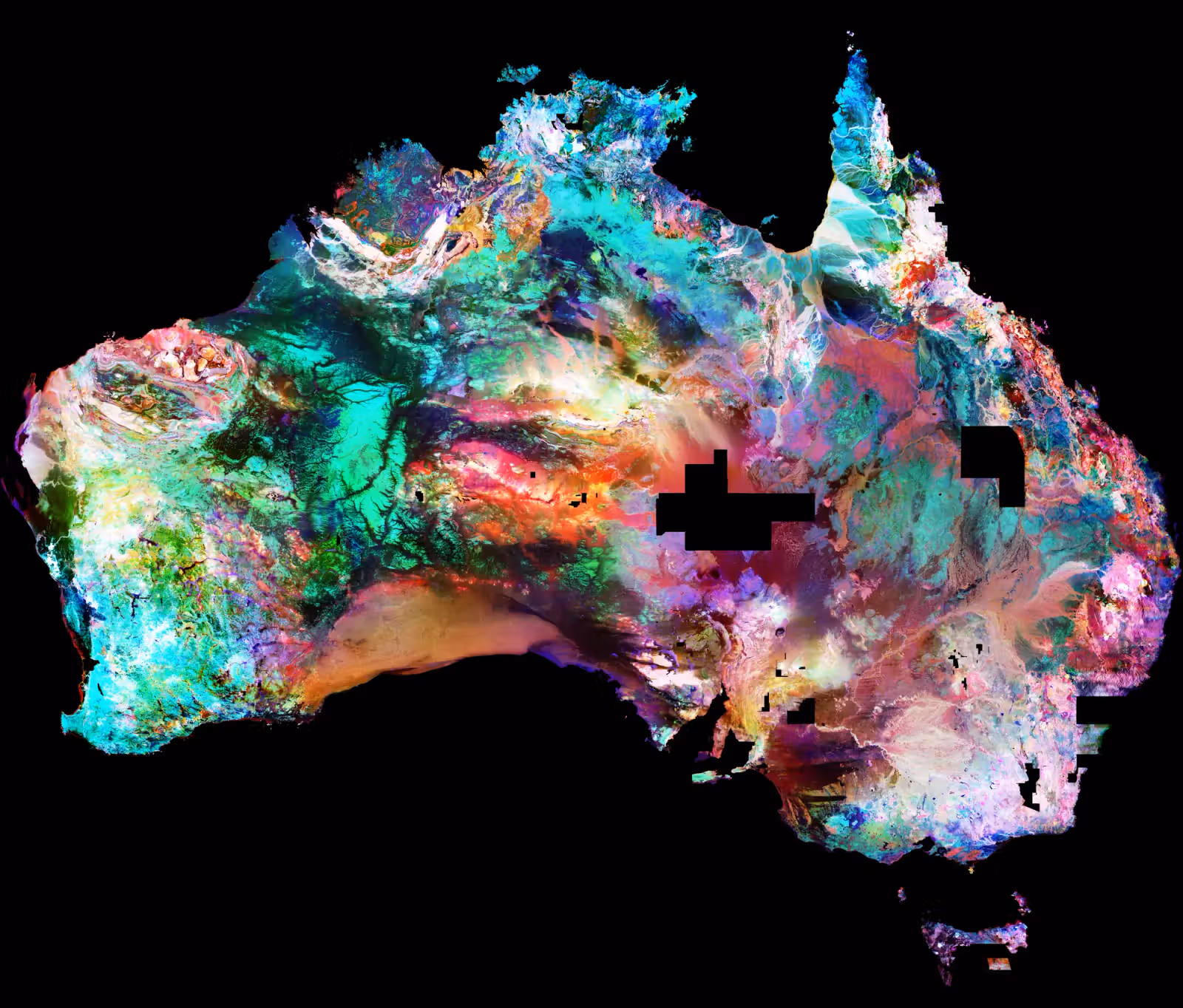 Ternary radiometric map of Australia combining potassium in red, thorium in green and uranium in blue from more than 600 merged airborne gamma-ray surveys