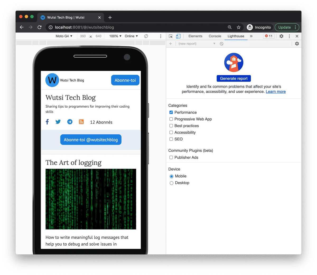 Lighthouse in Chrome Dev Tool