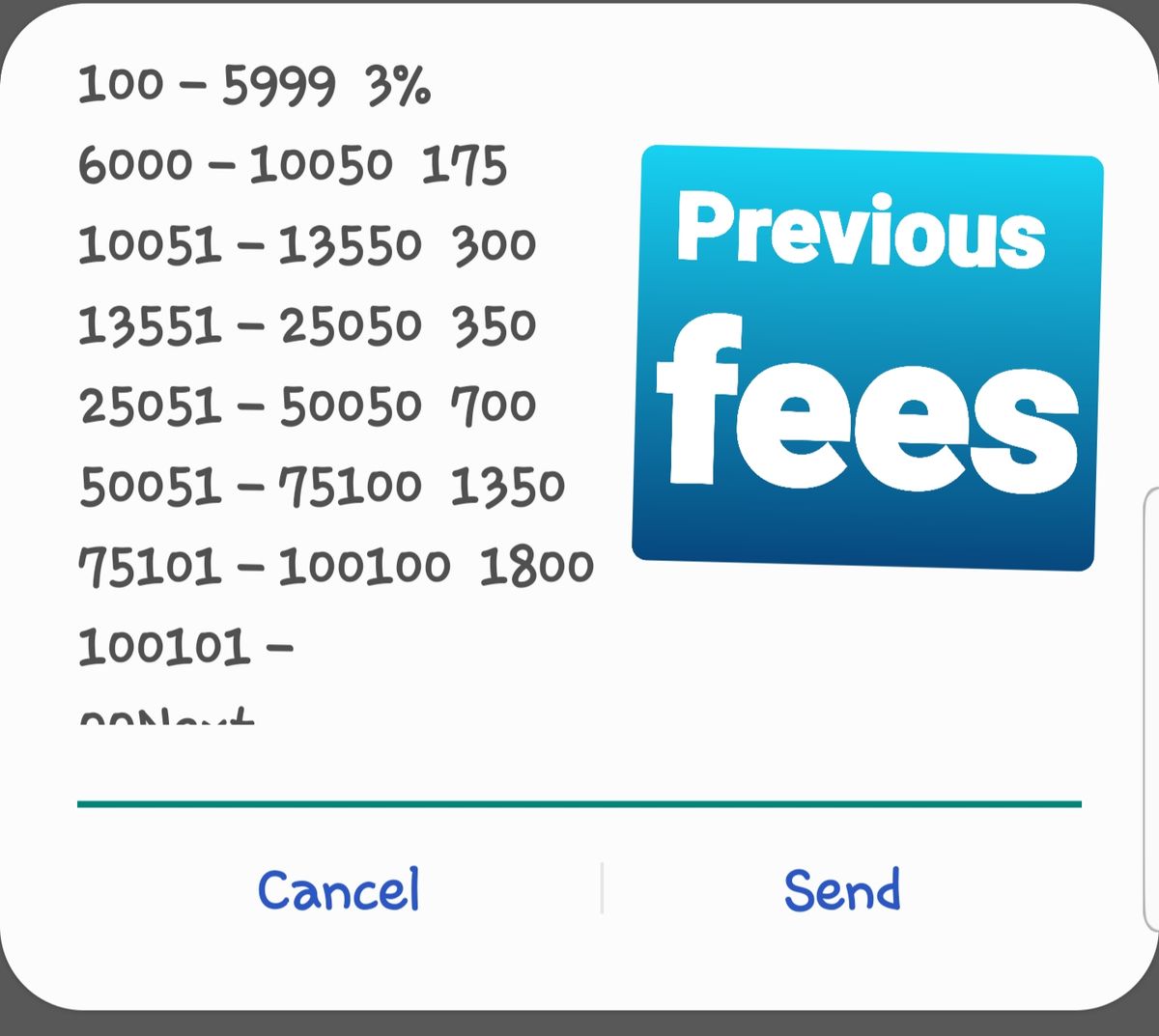 Previous Momo fees from 100 frs to 100,100 frs