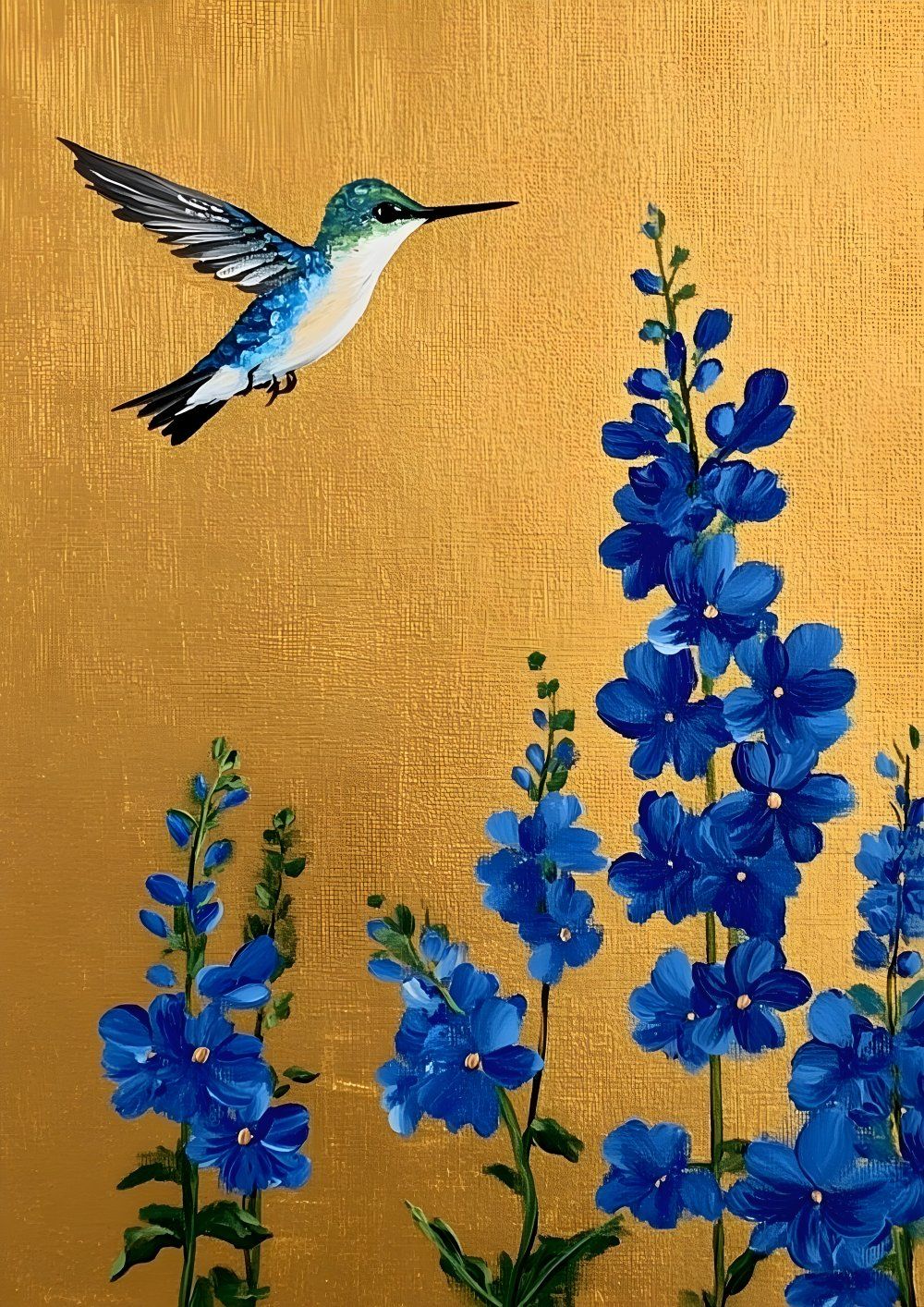 Konten Hummingbird Hovering Over Blue Flowers Against A Gold Background