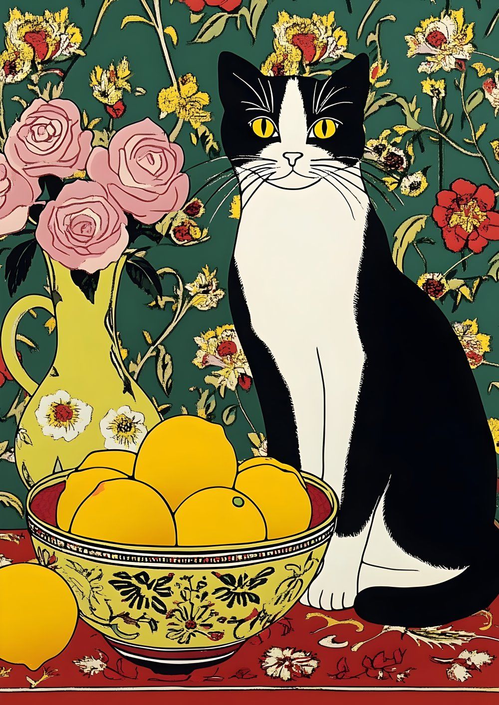 Konten Kucing Hitam dengan Buah di Meja