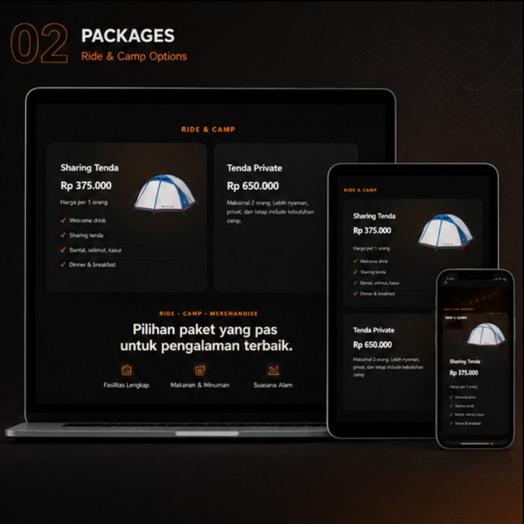 Pilihan paket Ride and Camp pada website RORI Bandung