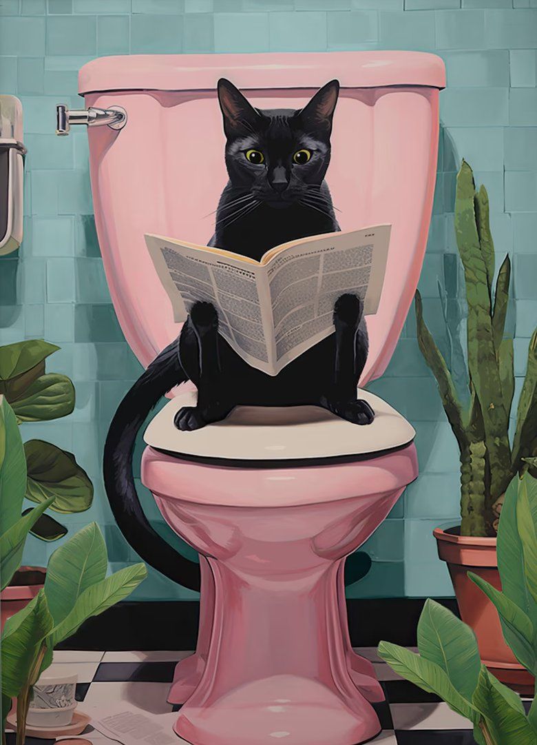 Konten Kucing Hitam Baca Berita di atas Toliet,