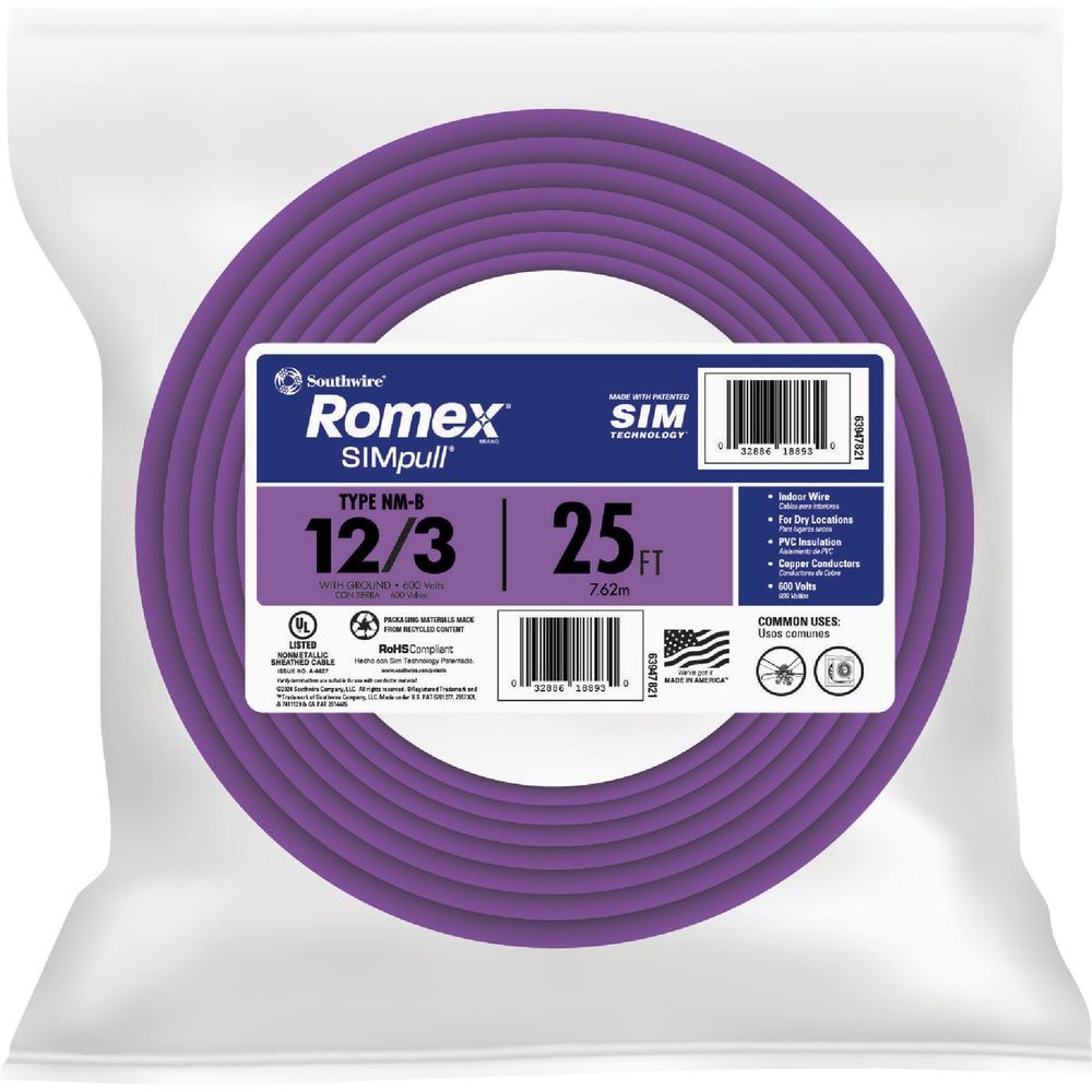 Romex 25 Ft. 12/3 Solid Purple NMW/G Electrical Wire at Tahlequah