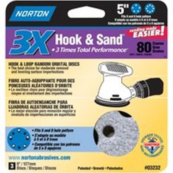 Norton 03232 Sanding Disc, 5 in Dia, 11/16 in Arbor, Coated, P80