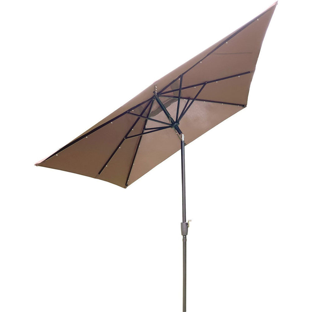 brown square patio umbrella with lights Outdoor Expressions 9 Ft. x 7 Ft. Rectangular Aluminum Tilt/Crank Brown Patio Umbrella with Solar LED Lights