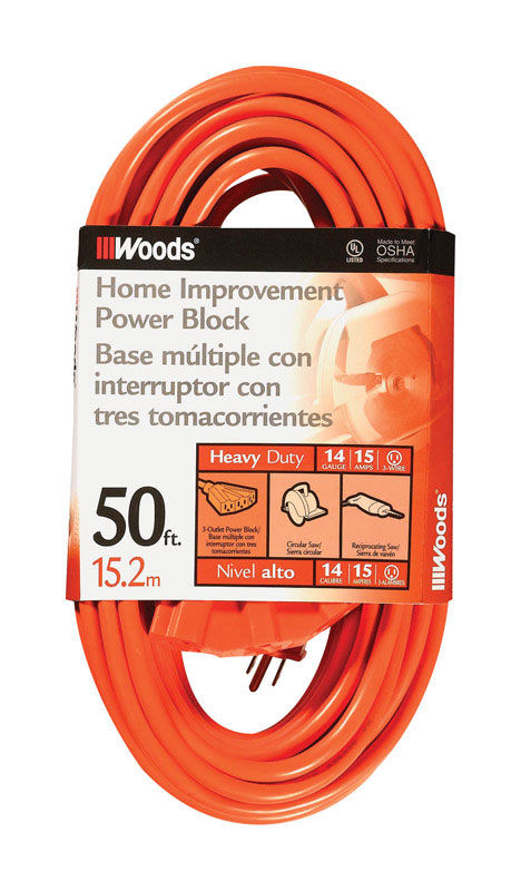 Woods 0826 14/3 SJTW 3-Outlet Extension Cord Orange 50-ft at