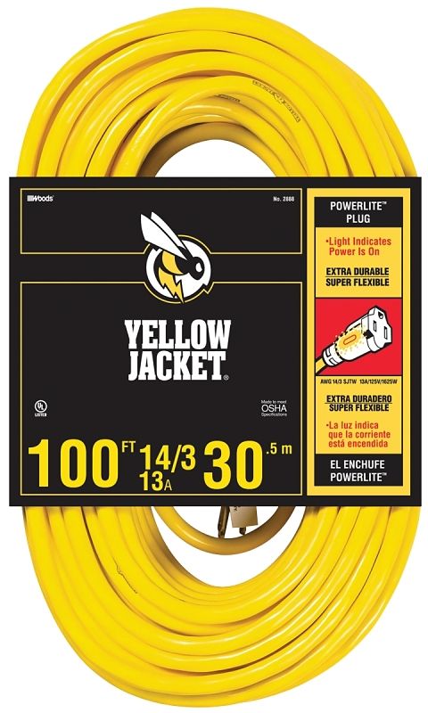 Yellow Jacket 2888 14/3 Extension Cord Yellow w/Light 100-ft at