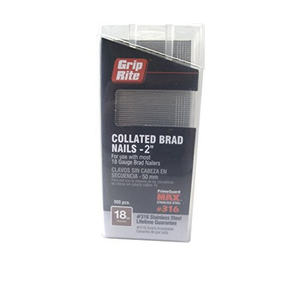 GripRite Maxb64901 2" 316 Stainless 18Ga Brad Nail, 500 Per Belt Clip