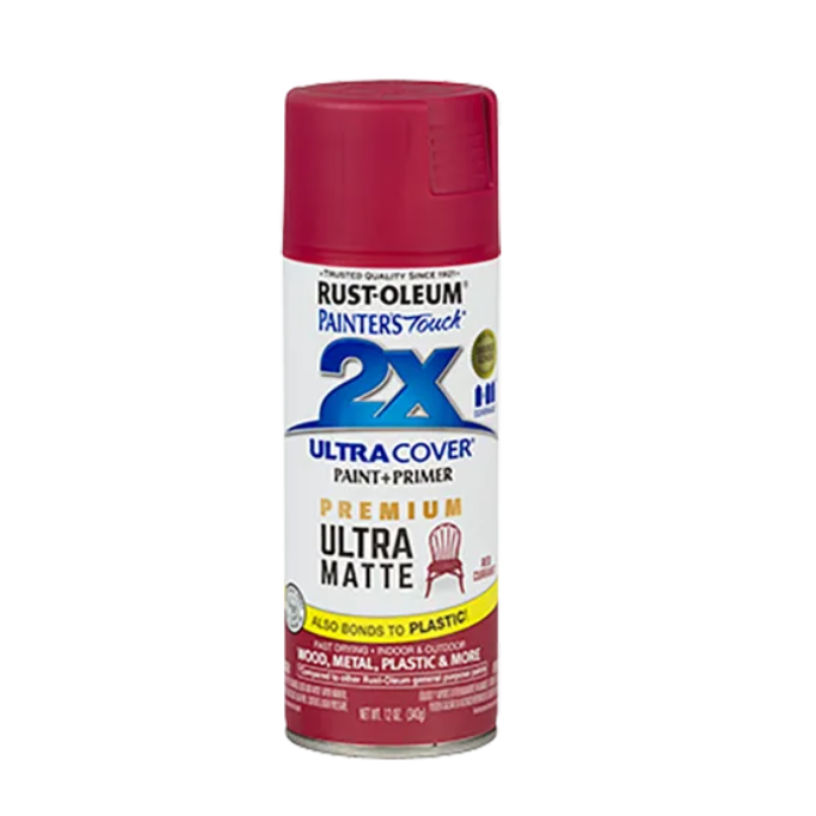 Rust-Oleum Painter's Touch 2X Ultra Cover Spray Paint - 12 Oz, Ultra Matte Red Currant, For Wood, Metal, Plastic, Indoor/Outdoor