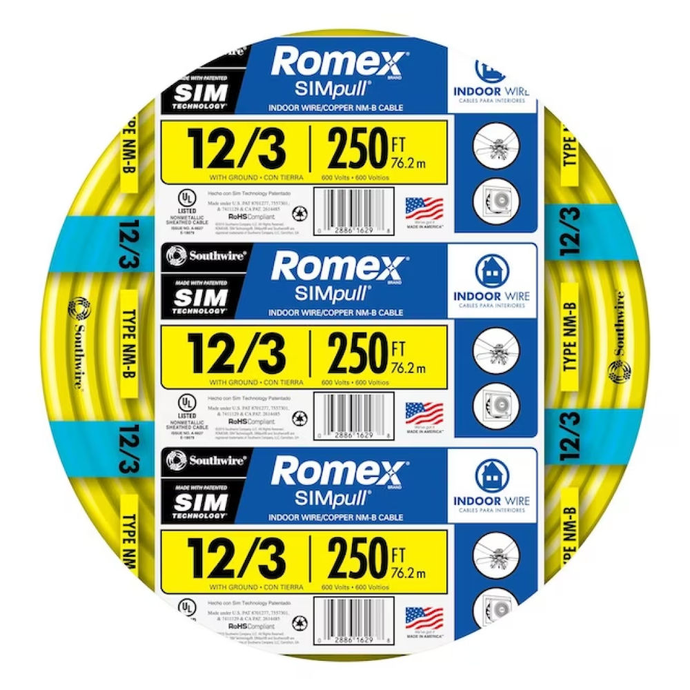 Southwire Romex SIMpull NM-B 12/3 Solid Indoor Wire with Ground