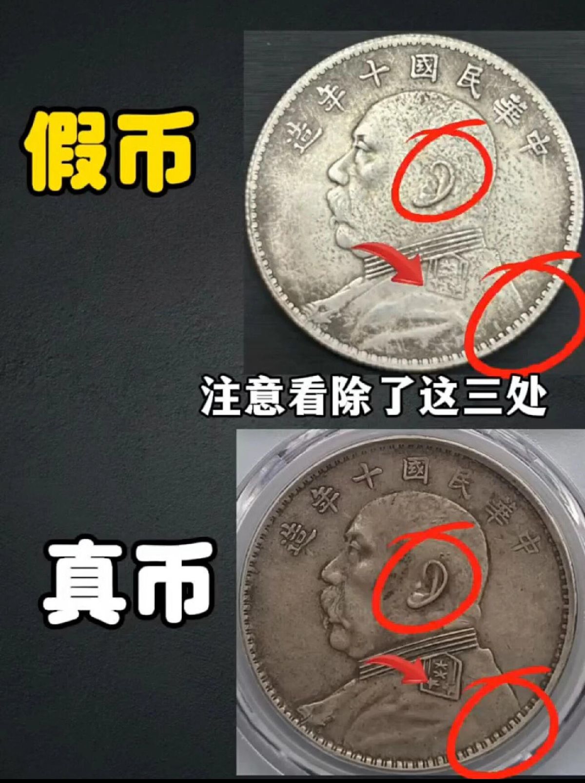 袁大頭真假鑑定三步檢查示意圖