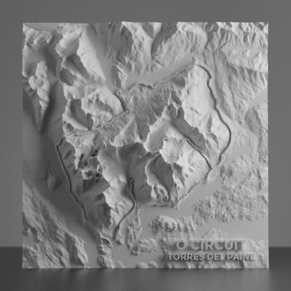 3D model of the O Circuit in Torres del Paine, Chile, showing rugged mountain terrain, glacial valleys, and iconic peaks with detailed topography based on elevation data.