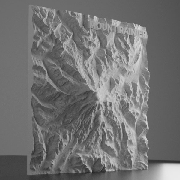 3D terrain model of Mount Rainier, showing the mountain’s glaciated summit, steep ridges, and surrounding valleys with high-resolution topographic detail.