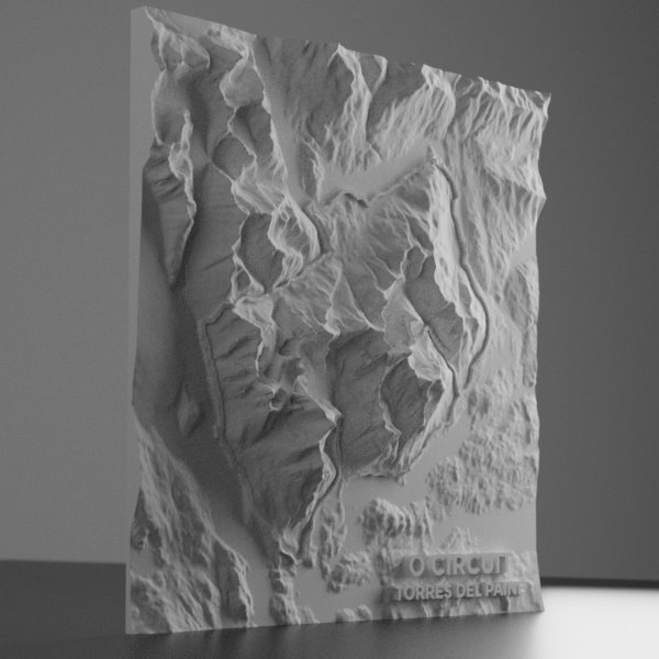 3D model of the O Circuit in Torres del Paine, Chile, showing rugged mountain terrain, glacial valleys, and iconic peaks with detailed topography based on elevation data.