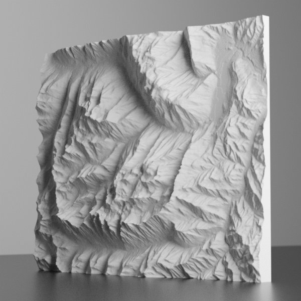 3D terrain model of the Stuart Range in Washington, including Mount Stuart and the Enchantments Basin with granite peaks, lakes, and glacial terrain from elevation data.