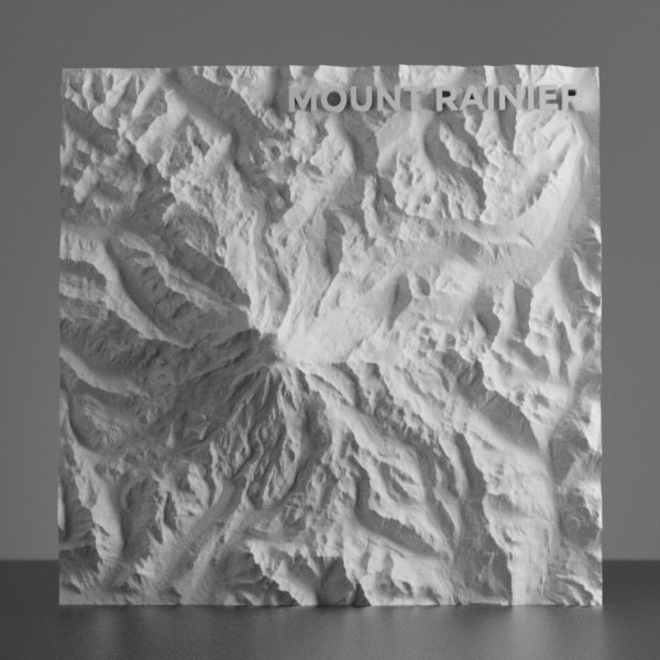 3D terrain model of Mount Rainier, showing the mountain’s glaciated summit, steep ridges, and surrounding valleys with high-resolution topographic detail.
