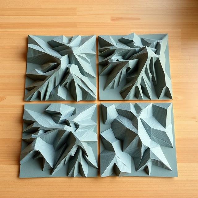 Top-down photo of a multi-tile FDM terrain print being assembled on a table