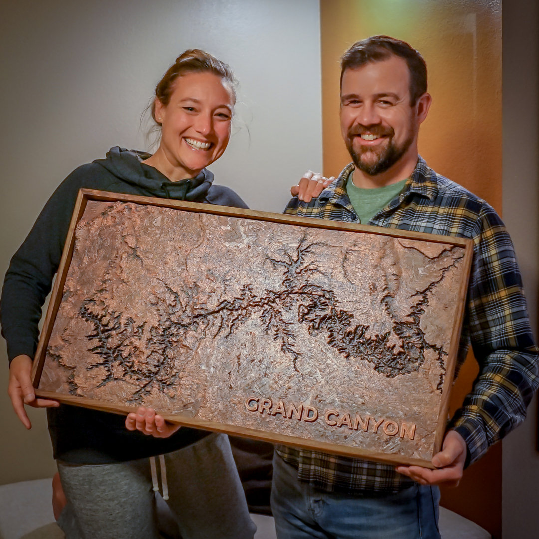 finished 3d print of the grand canyon to look like metal.