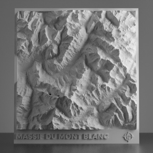 3D terrain model of Mont Blanc and the Chamonix Valley, showing rugged alpine peaks, glacial features, and surrounding mountain terrain derived from high-resolution elevation data.