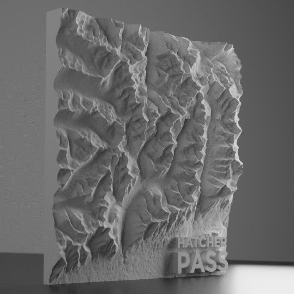 A 3d terrain model of the mountains of Hatcher Pass, Alaska.