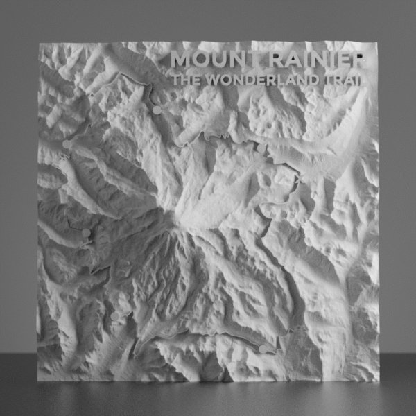 3D model of the Wonderland Trail circling Mount Rainier, showing glaciated slopes, ridgelines, and forested valleys with high-resolution elevation detail.