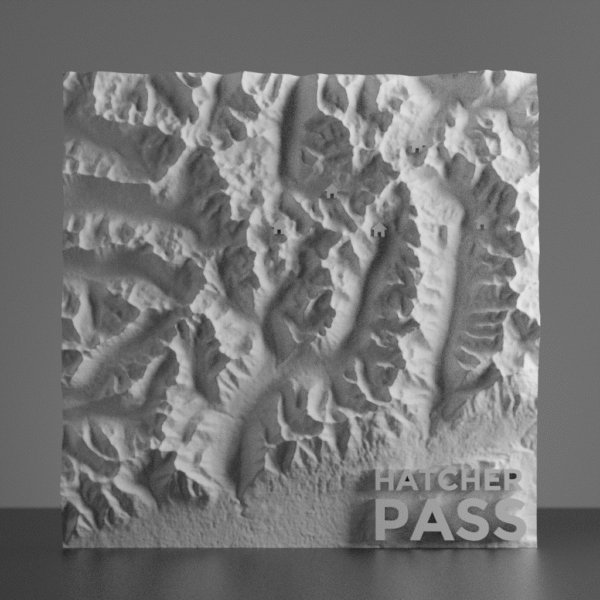 A 3d terrain model of the mountains of Hatcher Pass, Alaska.