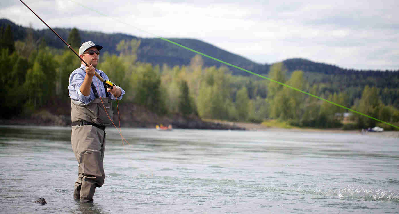 Angler spey casting on the Bulkley River in Smithers