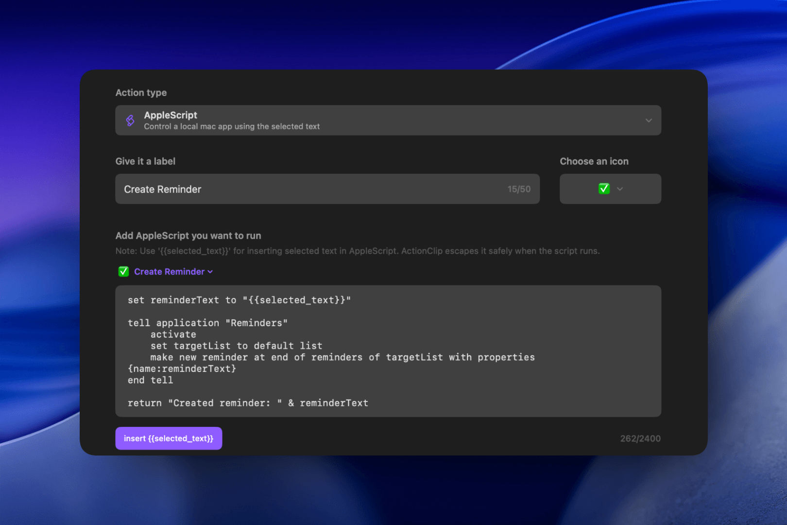 ActionClip Apple Script custom action preview