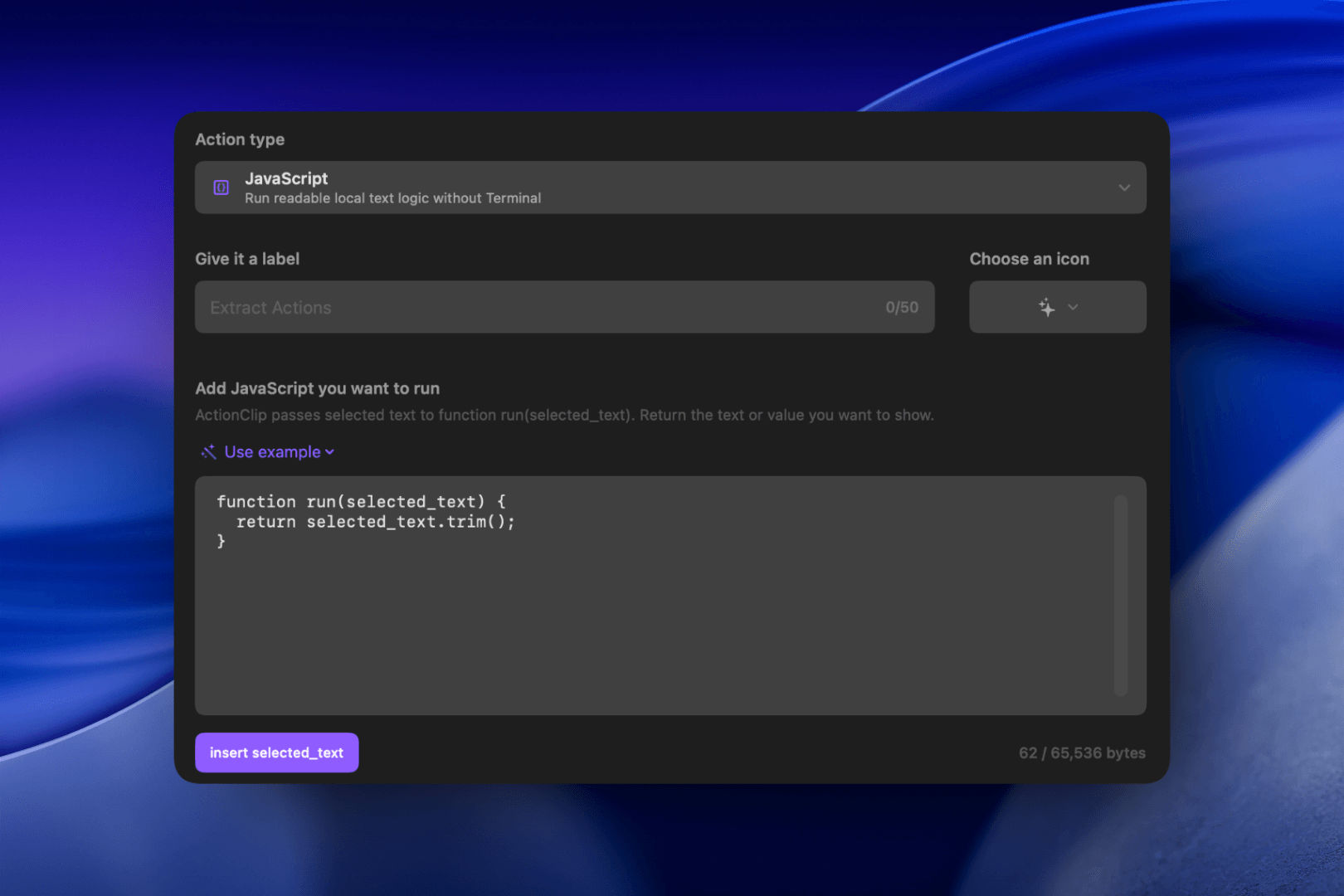 ActionClip JavaScript text transformation custom action preview