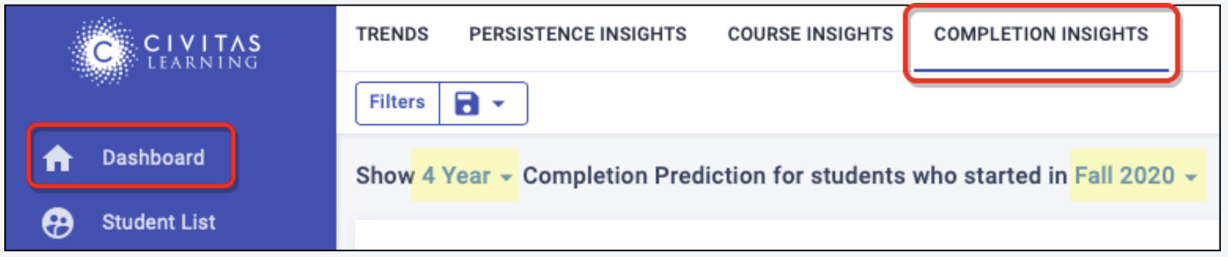 Completion Predictions display up-to-date completion progress statistics as well as individual completion predictions for your students.