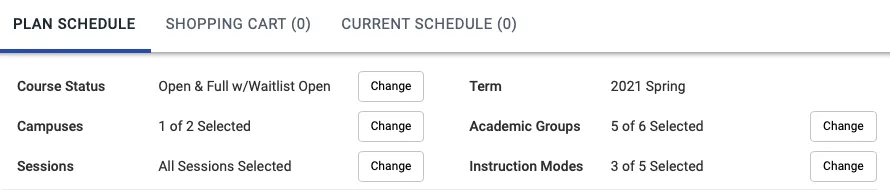 Filters ensure that you're picking course sections that match the status, term, campus, session, and mode you want