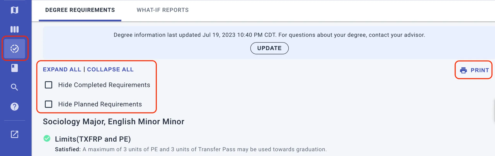 Before printing, select the options to expand course details and hide completed and/or planned requirements