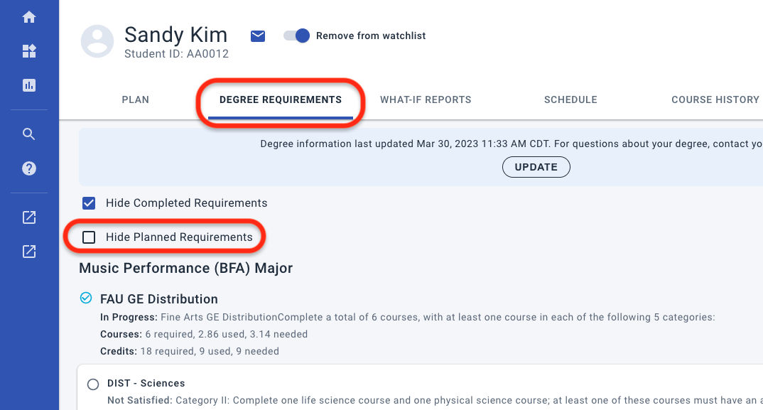 Degree Requirements appear to advisors as a new tab in the student's plan dashboard