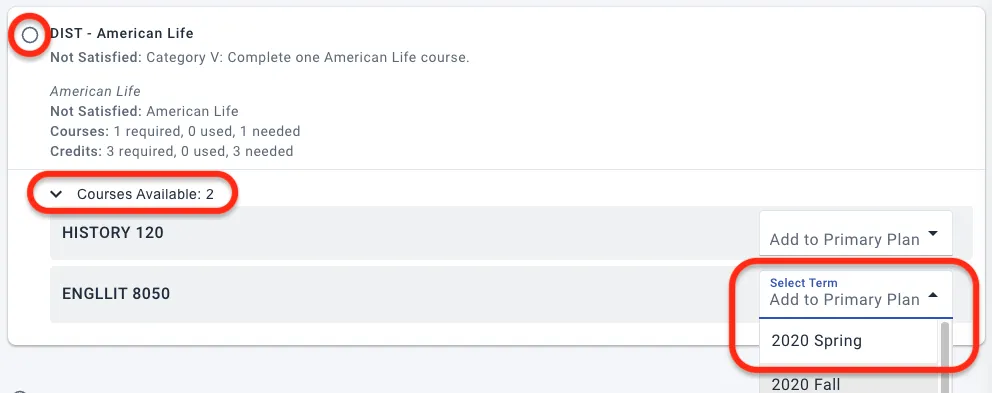 If the student has a primary plan, you can add available courses directly to terms on that plan